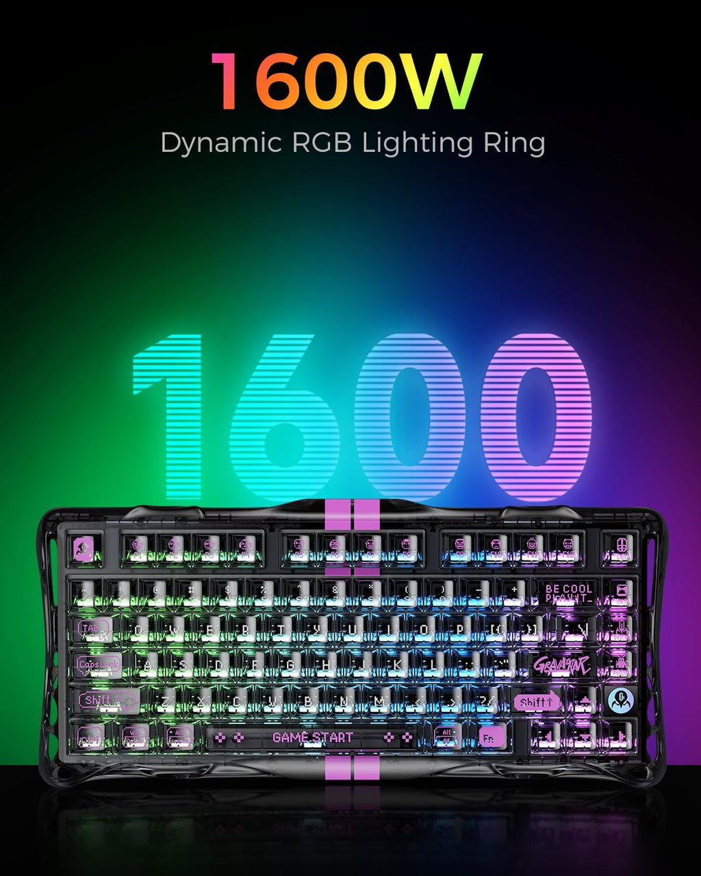 GravaStar Mercury V75 Gaming Keyboard – Hall‑Effect Magnetic‑Switch Keyboard, 8000 Hz Polling, 0.005RT, Wired USB-C, Adjustable Actuation, Semi‑Aluminum Chassis (Transparent Black, V75 lite)
