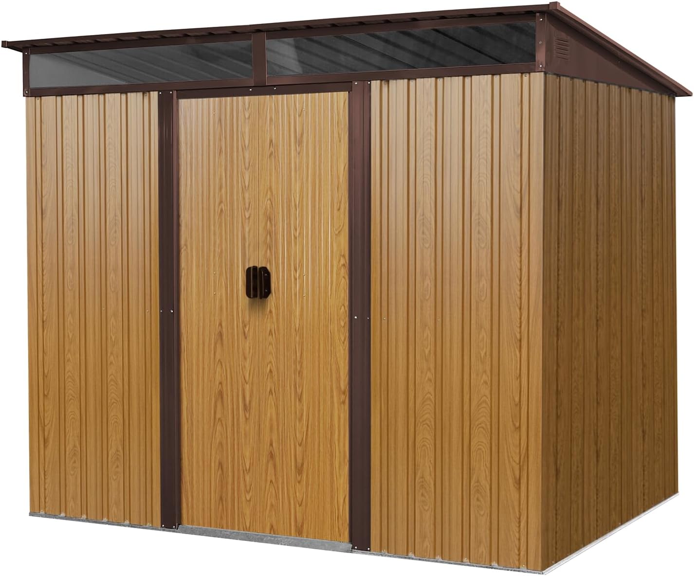 GDFStudio 8ft x 6ft Outdoor Metal Storage Shed with Lockable Sliding Doors, Foundation Frame, Transparent Roof Panels and Vents, Garden Tool Organizer for Backyard, Patio, Lawn,Coffee Color