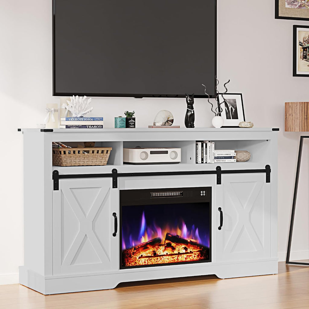 RoyalCraft Fireplace TV Stand for 65+ Inch TV, 34' Tall Farmhouse Entertainment Center with 23' Electric Fireplace,Rustic Media Console with Sliding Bar Door for Living Room, White