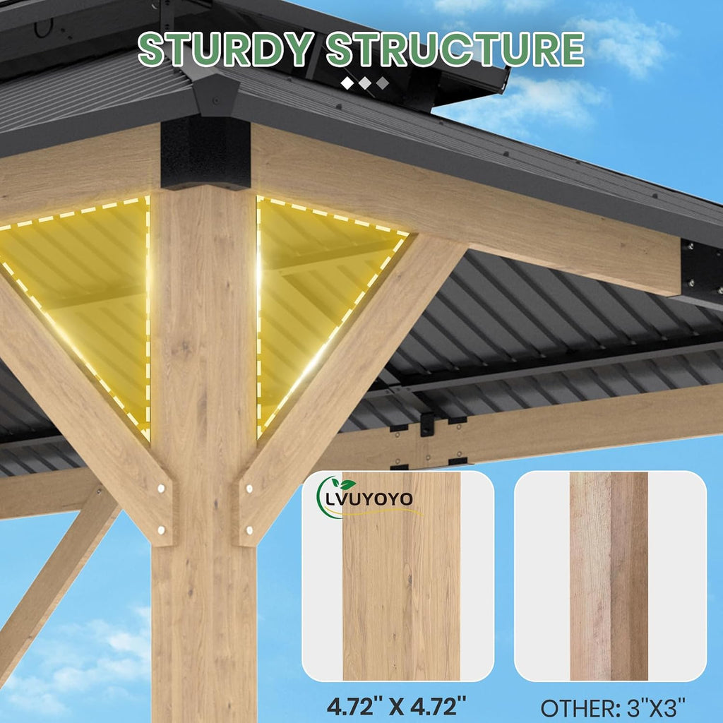 LVUYOYO 11' x 13' Wood Gazebo, Outdoor Hardtop Gazebo, Double Galvanized Steel Roof Gazebos Pergola with Curtains and Nettings, Wooden Pavilion for Patio, Backyard, Deck, Garden