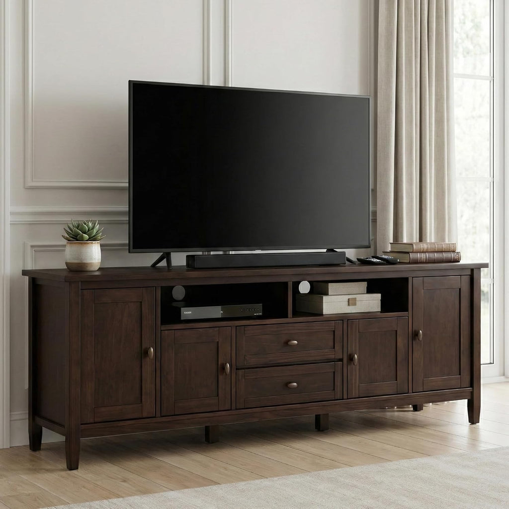 SIMPLIHOME Warm Shaker TV Stand - 72 inch Wide Solid Wood Media Console in Tobacco Brown, Transitional Entertainment Center for Living Room for TVs up to 80 Inches with Cabinets and Cable Management