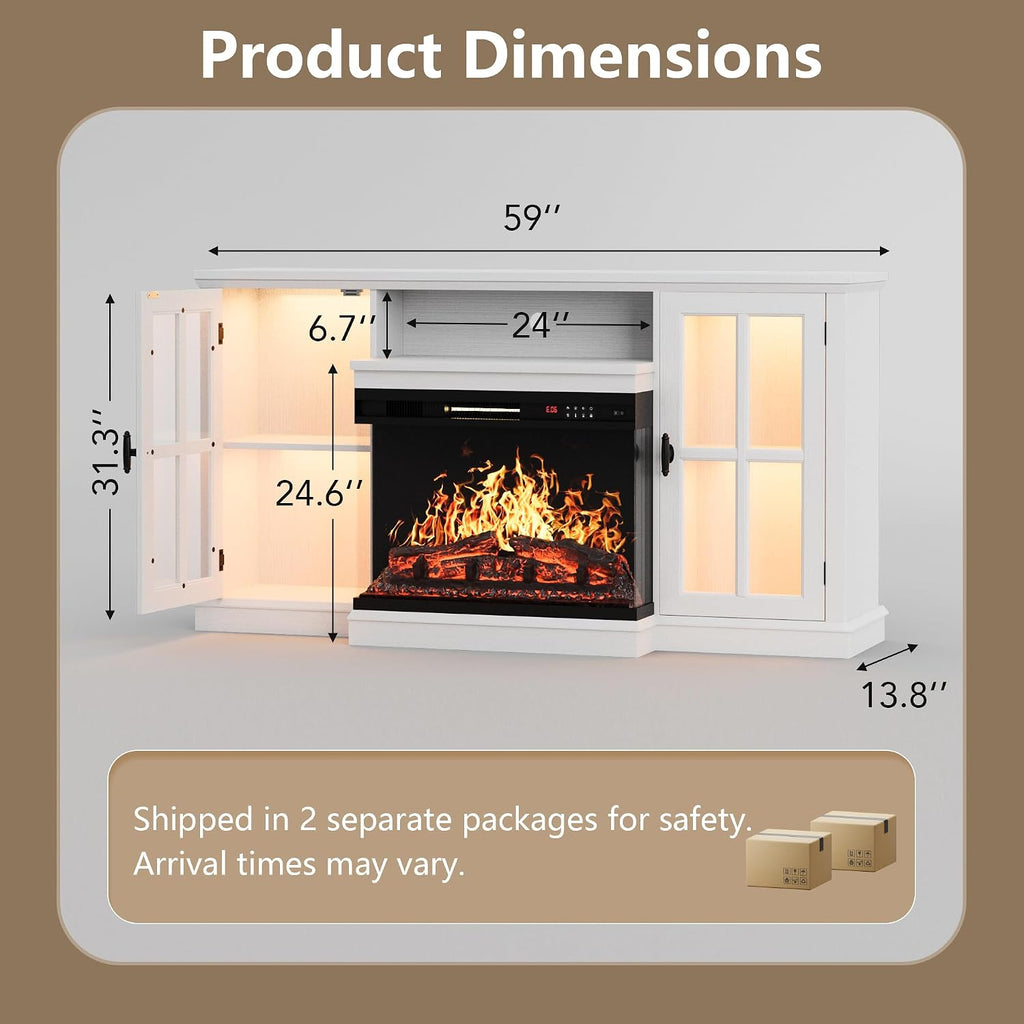 YESHOMY Glass Fireplace TV Stand for Televisions up to 65', Media Entertainment Center Console Table with Led Lights, White Wash
