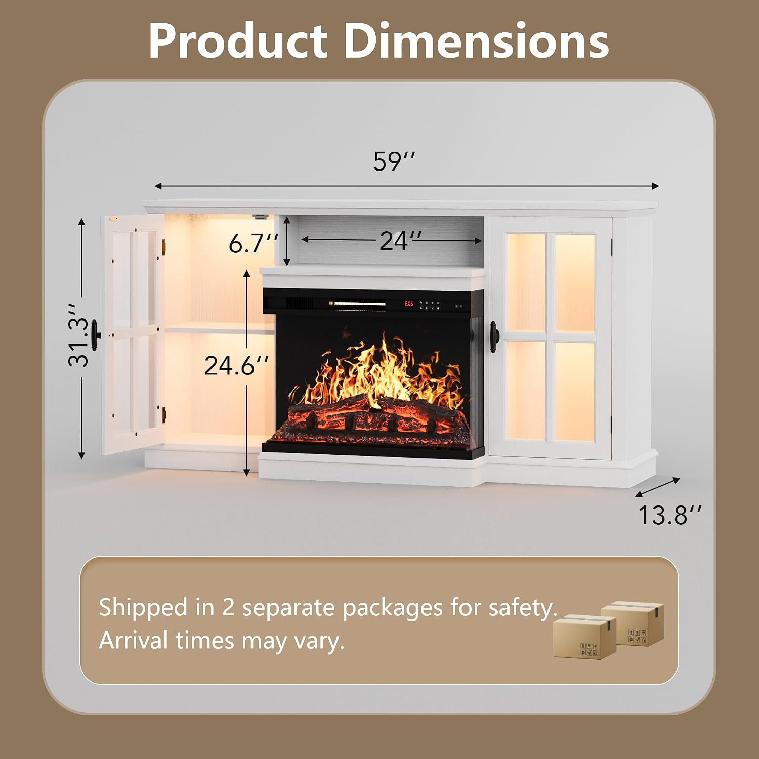 YESHOMY Glass Fireplace TV Stand for Televisions up to 65', Media Entertainment Center Console Table with Led Lights, White Wash
