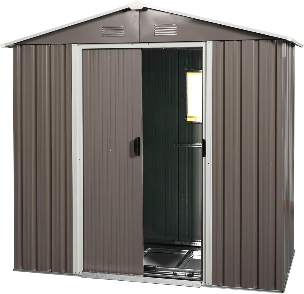 YOPTO 8×4 FT Outdoor Metal Storage Shed with Window and Integrated Punched Vents,Large Garden Outdoor Shed W/Sliding Doors & Padlock,Rust UV & Waterproof Tool Sheds for Backyard,Lawn,Patio,Grey