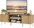 TV Stand for 55-65 Inch TV, Entertainment Center with Soft Hinge Door,TV Console Table with 2 Cabinets with Gold Handle and Feet,for Living Room, Bedroom, Oak