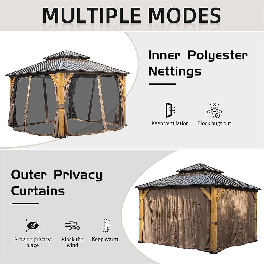 12 x 12FT Cedar Wood Frame Hardtop Gazebo with Galvanized Steel Double Roof, Curtains and Netting, Outdoor Wooden Gazebo Pergola for Patio Lawn Backyard