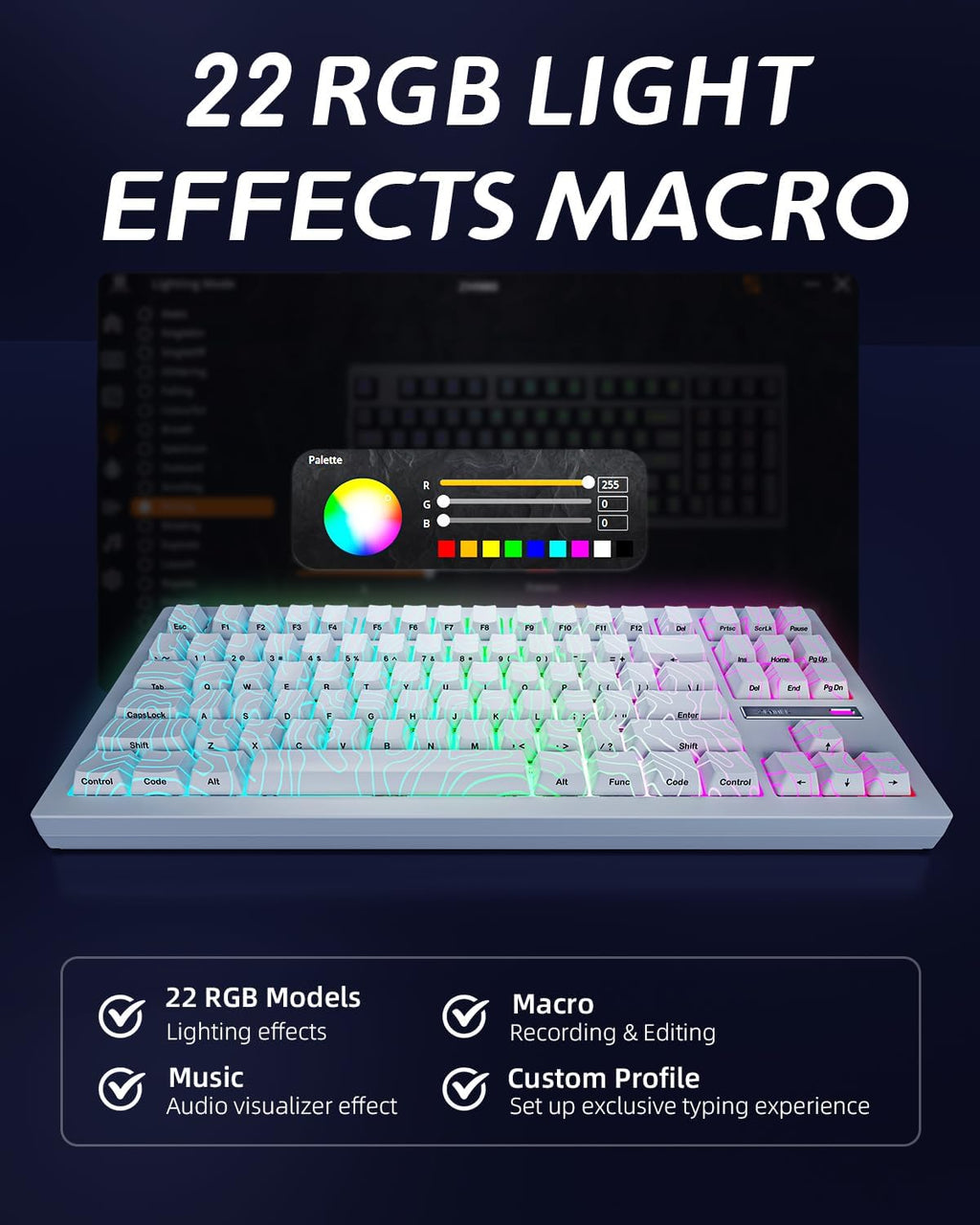 ZORNHER ZH870 Wireless Gaming Mechanical Keyboard,80% White Custom Creamy Sound Keyboard with Lighted Up White Topographic Keycaps,Creamy Sounding Linear Switches,Hot-Swappable,RGB Backlit