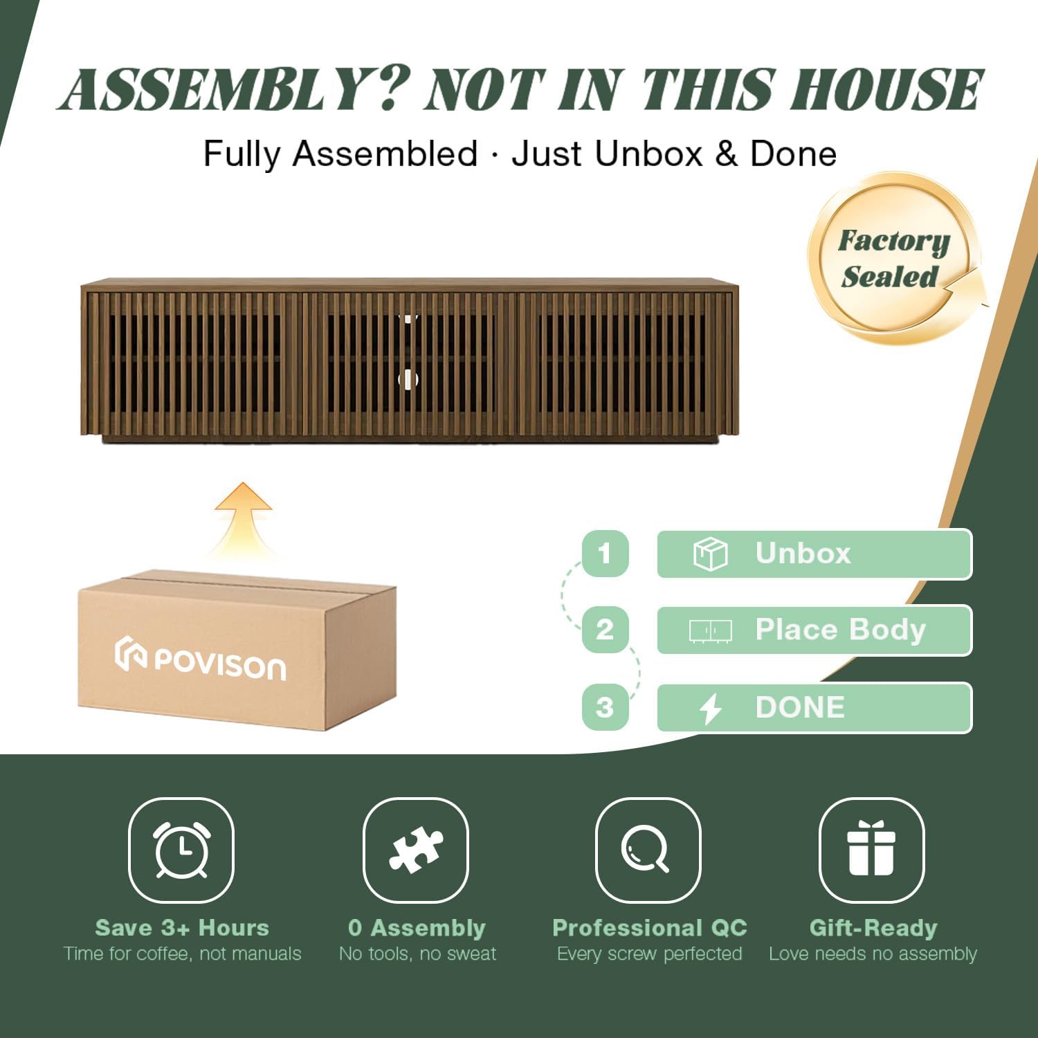 POVISON Full Assembled Mid Century Modern TV Stand, 59.06' Wood Slatted Media Console for 55 inch TV, Entertainment Center with Storage for Living Room, Low Cabinet with Removable Shelves