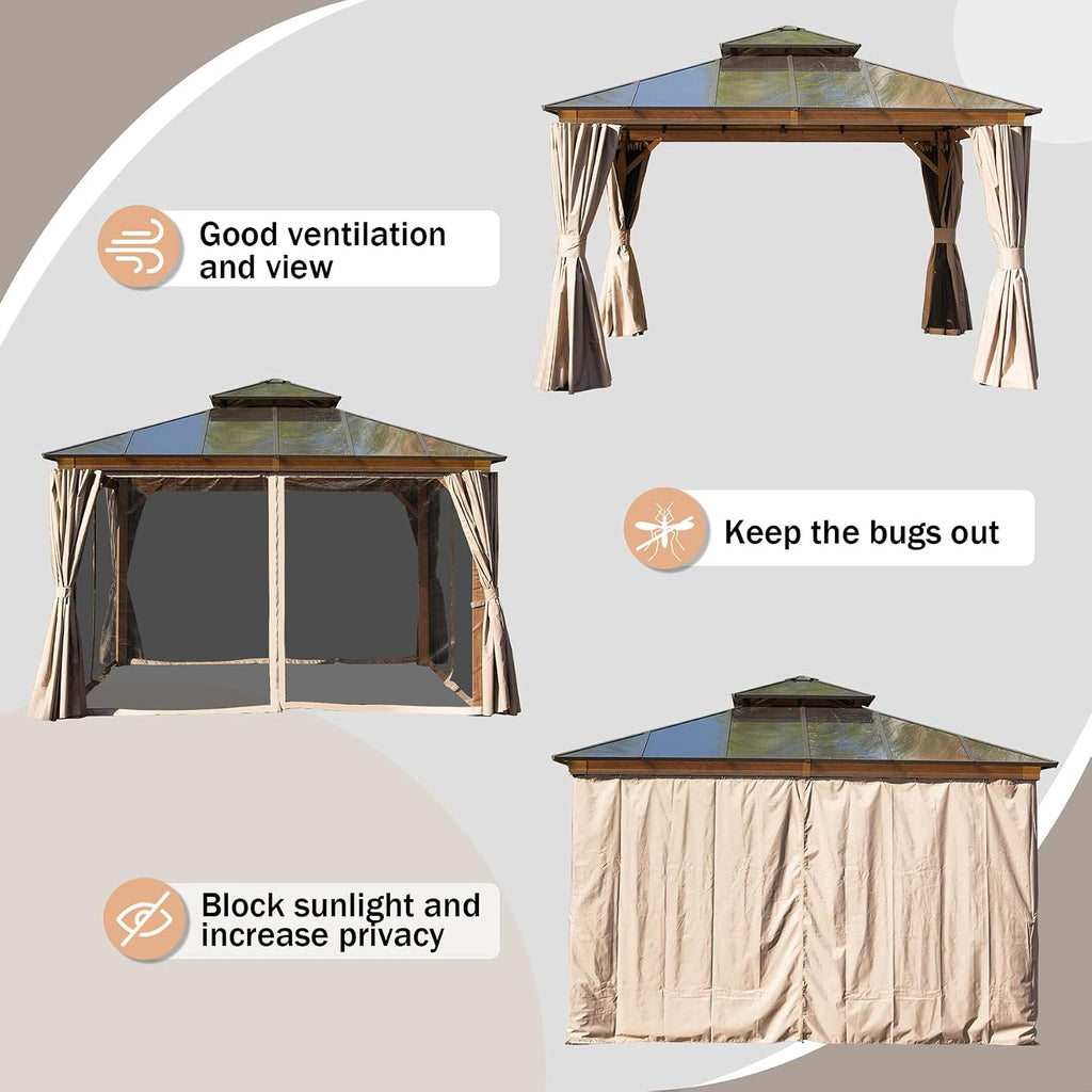 Domi Outdoor Living 12' x 12' Hardtop Gazebo, Wooden Coated Aluminum Frame Canopy with Polycarbonate Double Roof, Outdoor Permanent Metal Pavilion with Curtains and Netting for Patio, Deck and Lawn
