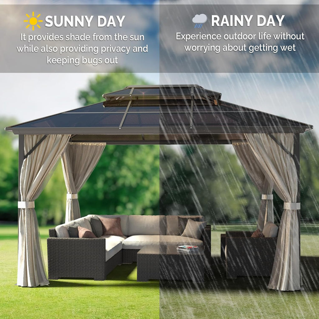 VINGLI 10' x 13' Outdoor Hardtop Gazebo Polycarbonate Double Roof Canopy Aluminum Frame Patio Pavilion Gazebo with Curtains and Netting Patio Gazebo