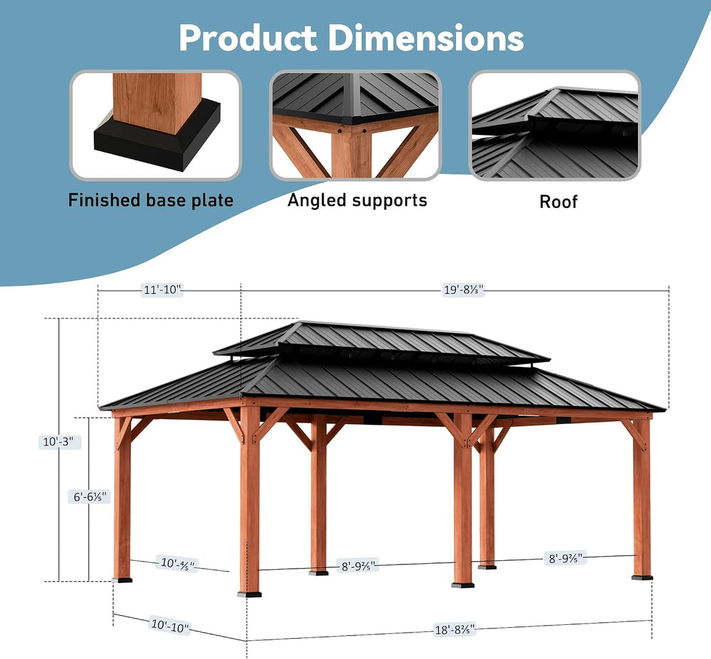 Big Leaf Wood Gazebo 12'x20', Cedar Frame Hardtop Gazebo with Double Galvanized Steel Roof & Grill Shelter, Mosquito Netting and Curtains, Sturdy Hook Design for Outdoor Patio, Deck, Garden