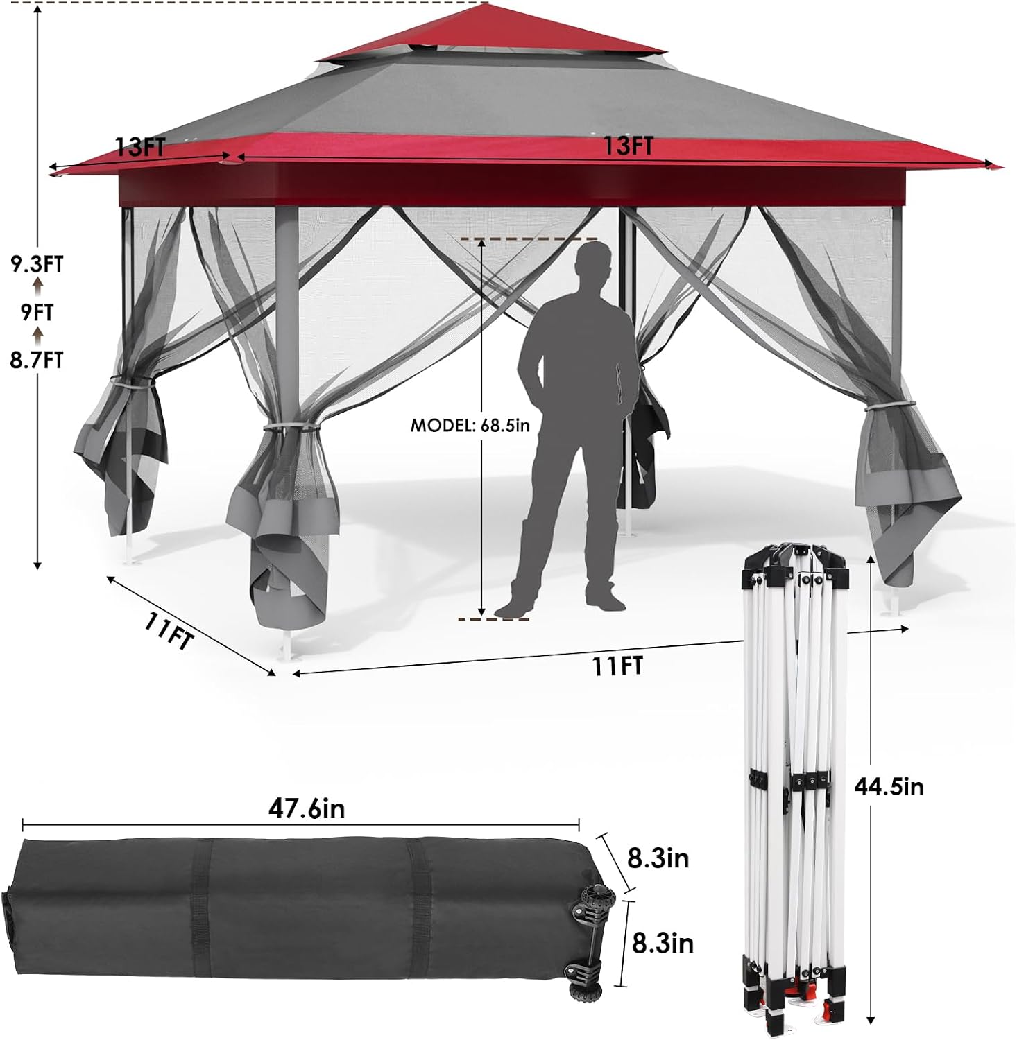 TLSUNNY 13' X 13' Pop Up Gazebo, Outdoor Canopy Tent W/4 Mesh Walls & Wheeled Bag, Screened Shelter with Netting, One-Person Set Up, Height Adjustable, for Patio, Yard, Party, Garden (Burgundy)
