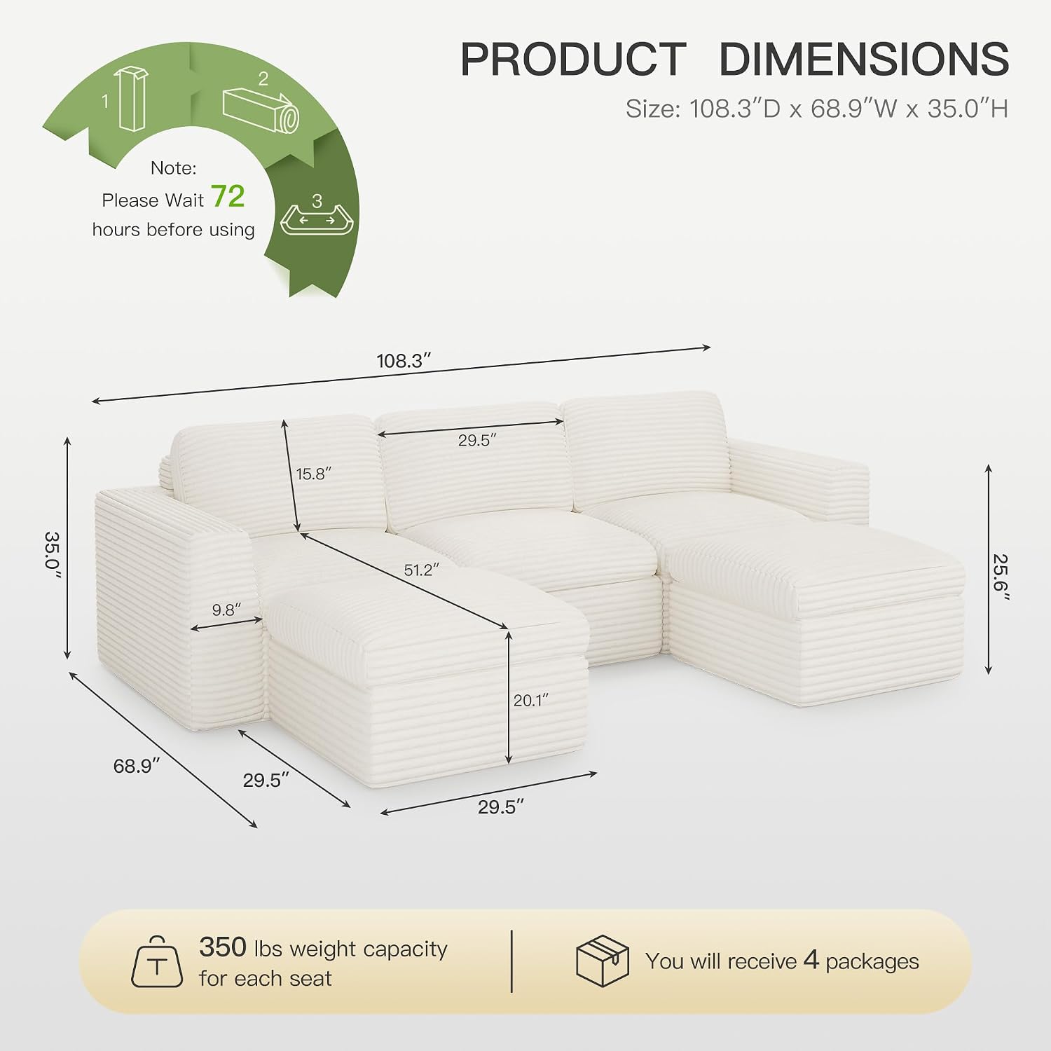 Cloud Modular Sectional Sofa with Ottoman Boneless Sectional Couches for Living Room Plush Corduroy Fabric 3-Seater U Shaped Couch.White Sofa.