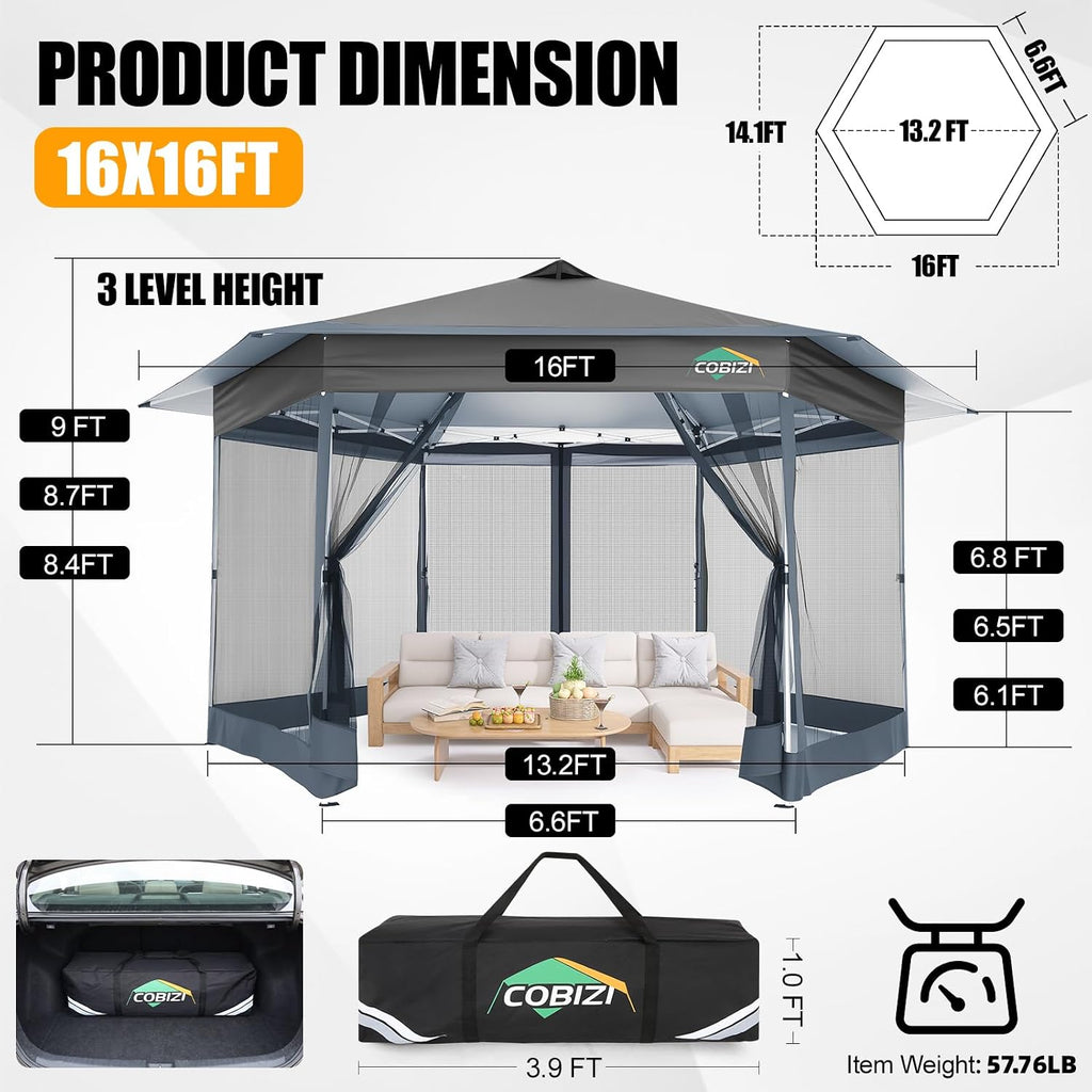 COBIZI 16x16 Pop Up Gazebo Tent with Mosquito Netting, Gazebos on Clearance, Hexagonal Outdoor Canopy Shelter, Patented Center Lock 6-Sided Portable Gazebos, Pop Up Canopy Tent for Backyard, Gray