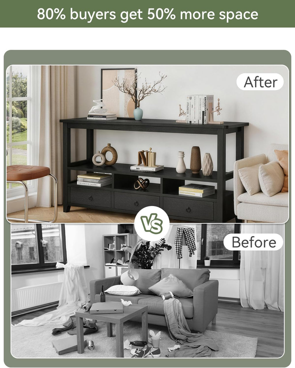 Karl home Console Table with 3 Bottom Drawers, 57.9' W Sofa Side Table Entryway Desk with 3 Storage Cubbies 1 Open Shelf, Vintage TV Stand for Hallway Living Room Office, Black 29.9' H