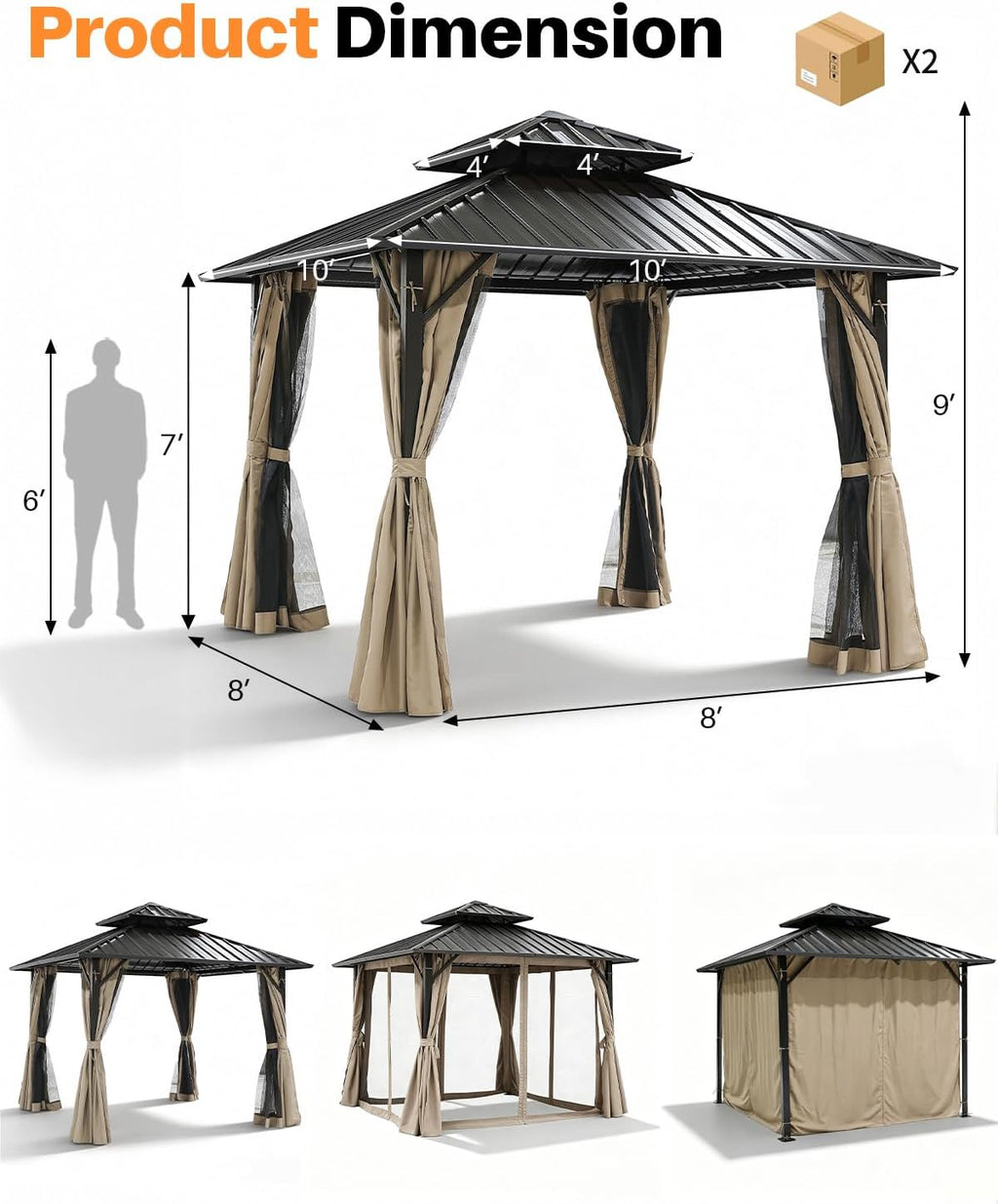 10' x 10' Hardtop Gazebo, Aluminum Frame Outdoor Patio Gazebos with Netting and Curtains, Outdoor Gazebo Canopy, Patio Pergola with Double Steel Roofs for Backyard, Patio, Deck, Sandstone