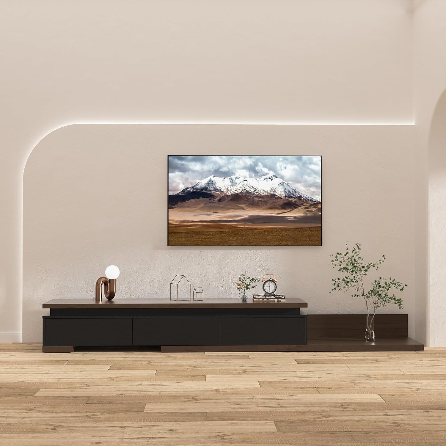 Betterhood Extendable TV Stand with LED Lights (80' - 106'), Wood Entertainment Center for Up to 120' TV, Modern Reversible TV Console with Three Drawers, Living Room, Bedroom, Black & Walnut