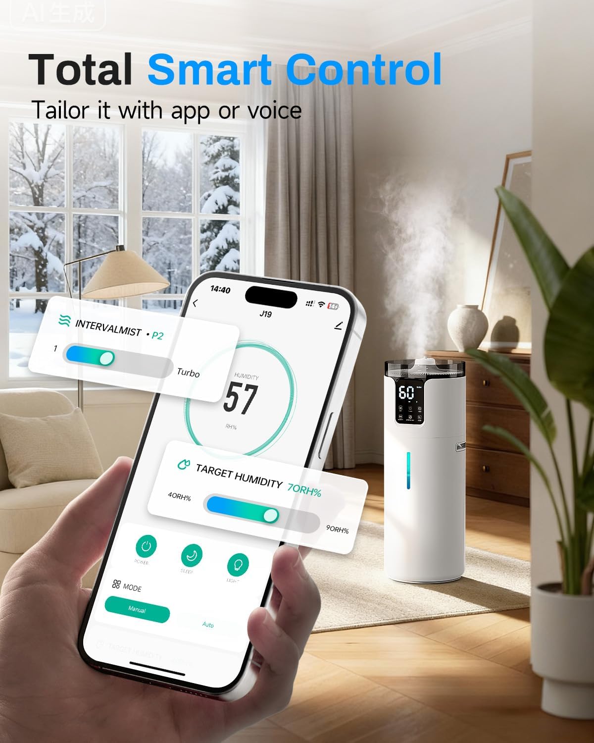 Lacidoll 16L Smart Humidifier large room, Whole house Humidifier for Home 1500 sq.ft with APP/Voice/Remote Control, Ultrasonic Cool Mist Humidifiers for Bedroom, Plants, office with Tube, White