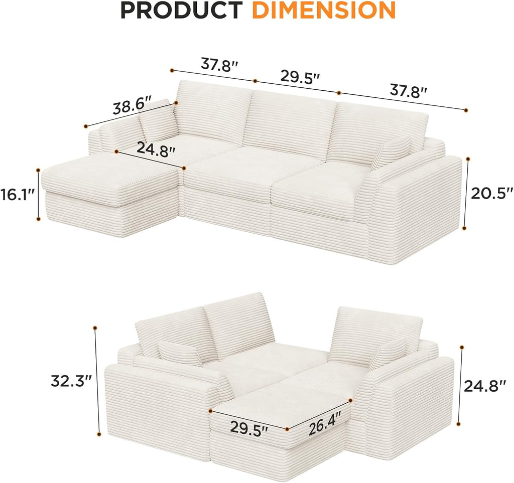 Vabches 106.6' Modular Sectional Sofa with Chaise, Comfy Cloud Sectional Couch, Modern L-Shape Corduroy Sofa with Deep Seat, Upholstered Couches for Living Room Bedroom,No Assembly Required (Beige)