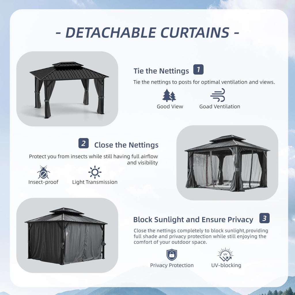 10'x12' Hardtop Gazebo, Double Galvanized Steel Roof with Sturdy Aluminum Frame, Outdoor Pavilion with Mosquito Netting and Privacy Curtains for Patio, Deck, and Backyard