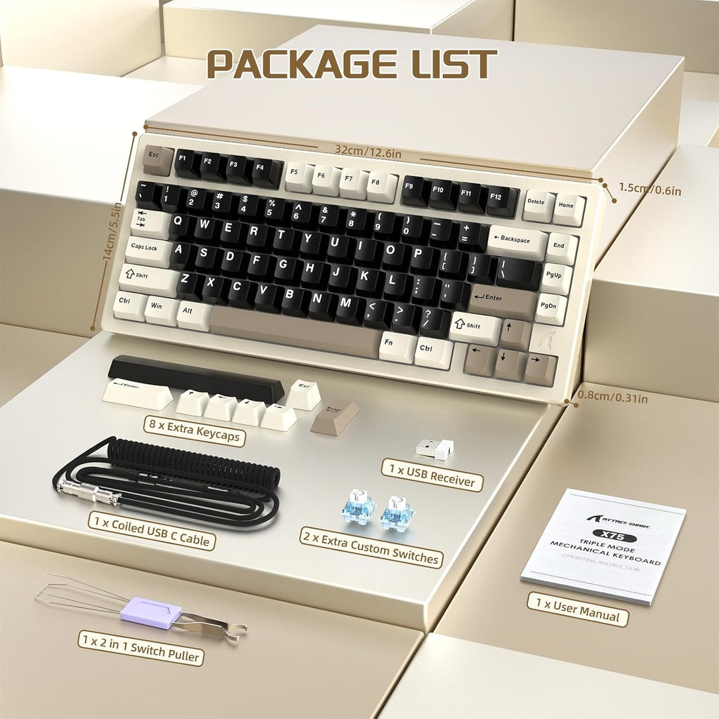 ATTACK SHARK X75-QMK Wireless Mechanical Gaming Keyboard - CNC Aluminum Alloy Shell, Customizable RGB Lighting Gasket Mount, Tri-Mode (2.4G/BT/Wired), VIA Compatible for WIN/MAC/PS4/Xbox- Mlilky White