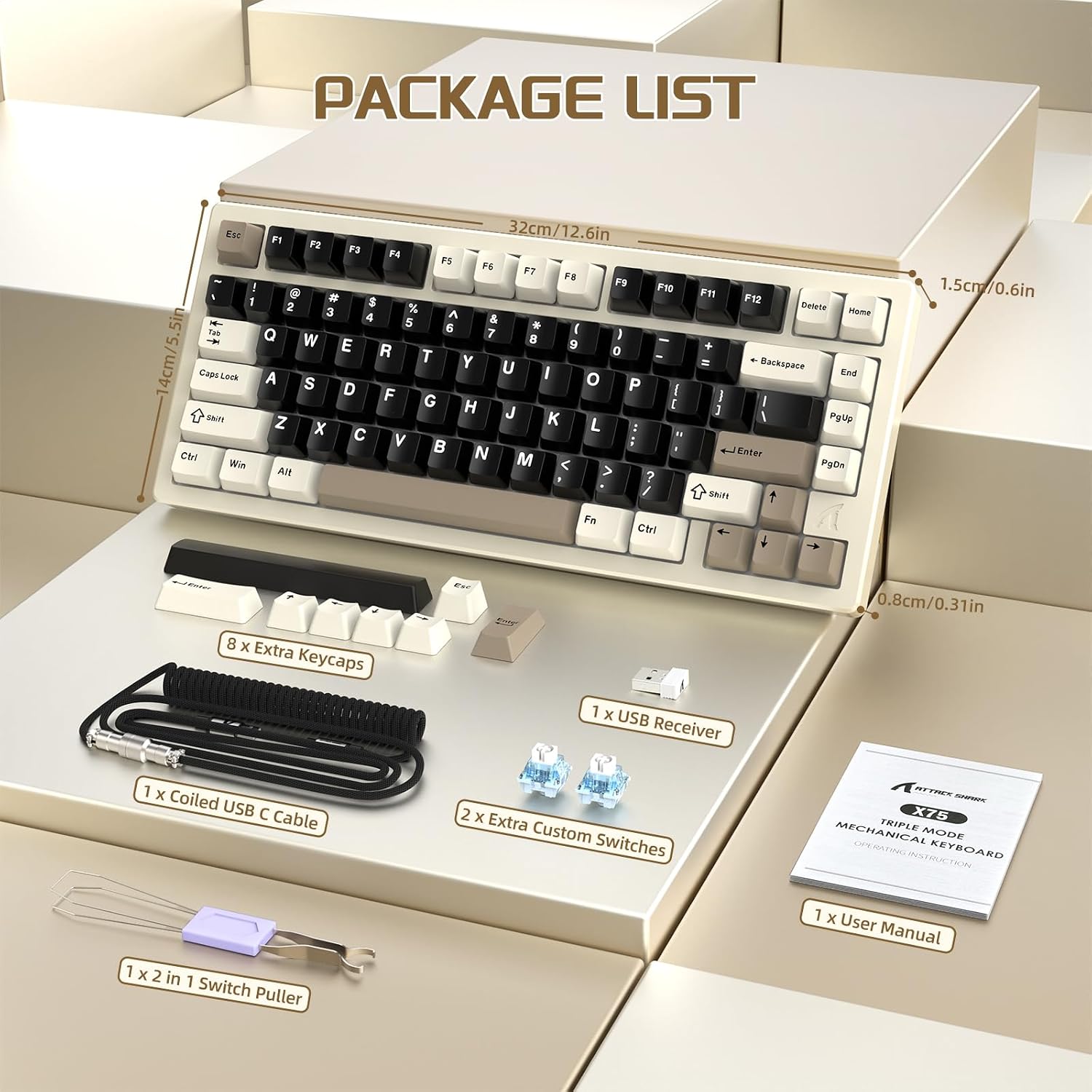 ATTACK SHARK X75-QMK Wireless Mechanical Gaming Keyboard - CNC Aluminum Alloy Shell, Customizable RGB Lighting Gasket Mount, Tri-Mode (2.4G/BT/Wired), VIA Compatible for WIN/MAC/PS4/Xbox- Mlilky White