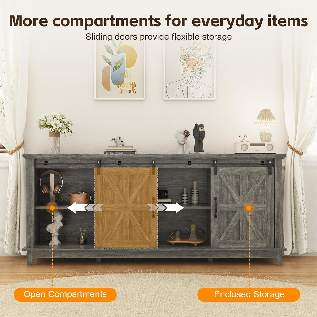 Garvee Home Farmhouse TV Stand for 75 in Television, Wood Entertainment Center with Storage & Barn Doors, Adjustable Shelf Media TV Console Table Cabinet for Living Room, 66 in Large, Oak