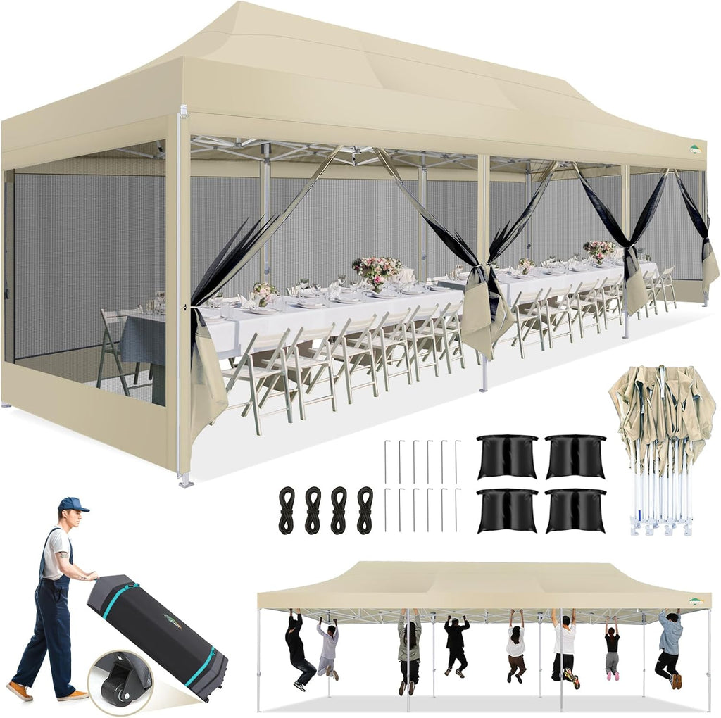 COBIZI 10x30 Canopy Tent, Heavy Duty Pop up Canopy with Sidewalls, Waterproof Easy Setup Tent with Mosquito Netting, Outdoor Instant Screen Tents for Parties, Wedding with Roller Bag, Khaki
