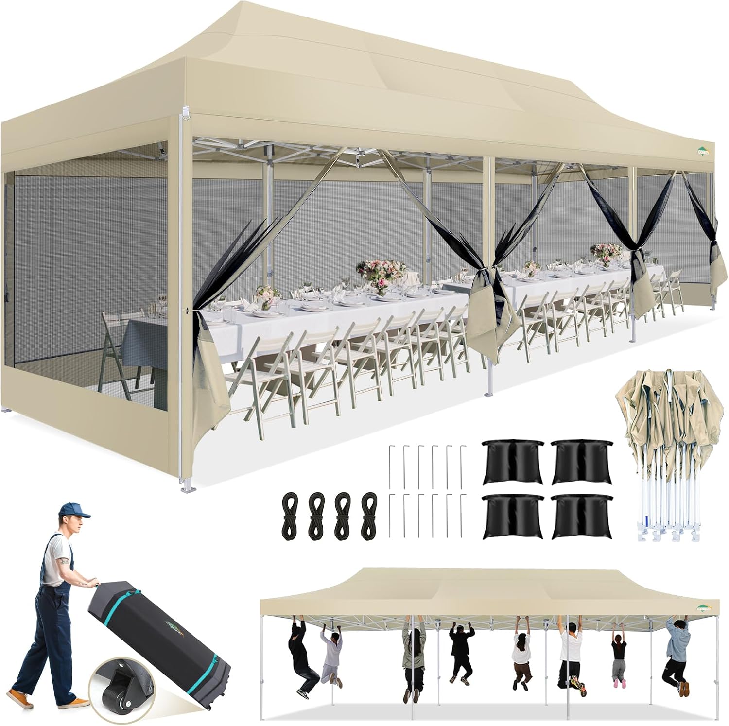 COBIZI 10x30 Canopy Tent, Heavy Duty Pop up Canopy with Sidewalls, Waterproof Easy Setup Tent with Mosquito Netting, Outdoor Instant Screen Tents for Parties, Wedding with Roller Bag, Khaki