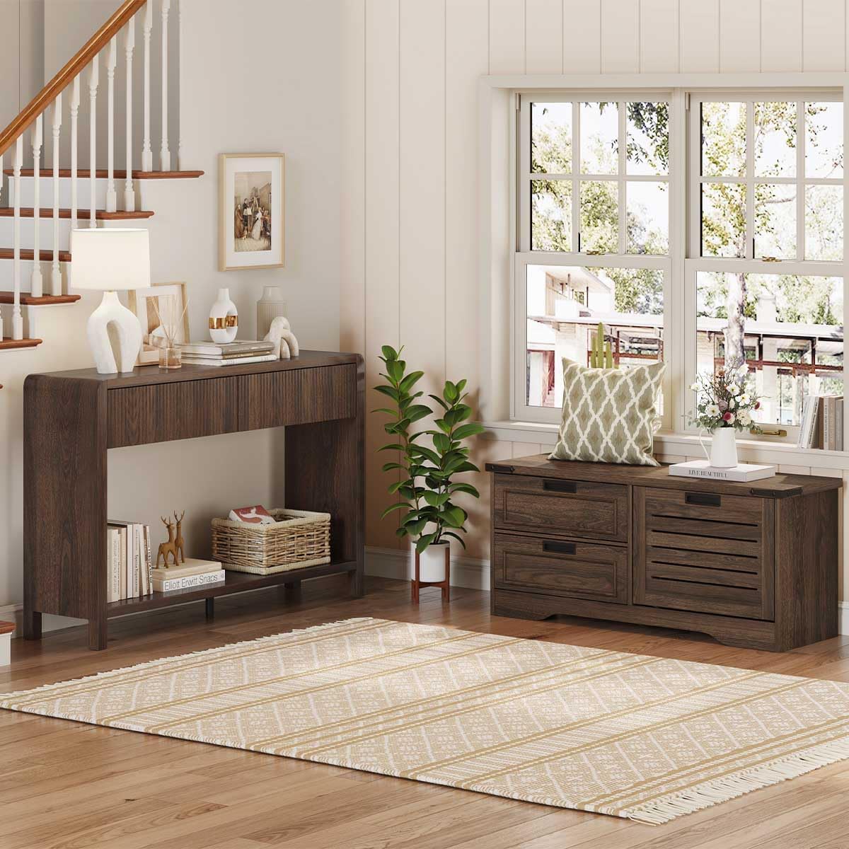 FATORRI Console Sofa Table with 2 Drawers, Wood Couch Table Behind Sofa, Farmhouse Entryway Tables for Hallway Storage (47.2 inch, Dark Walnut)