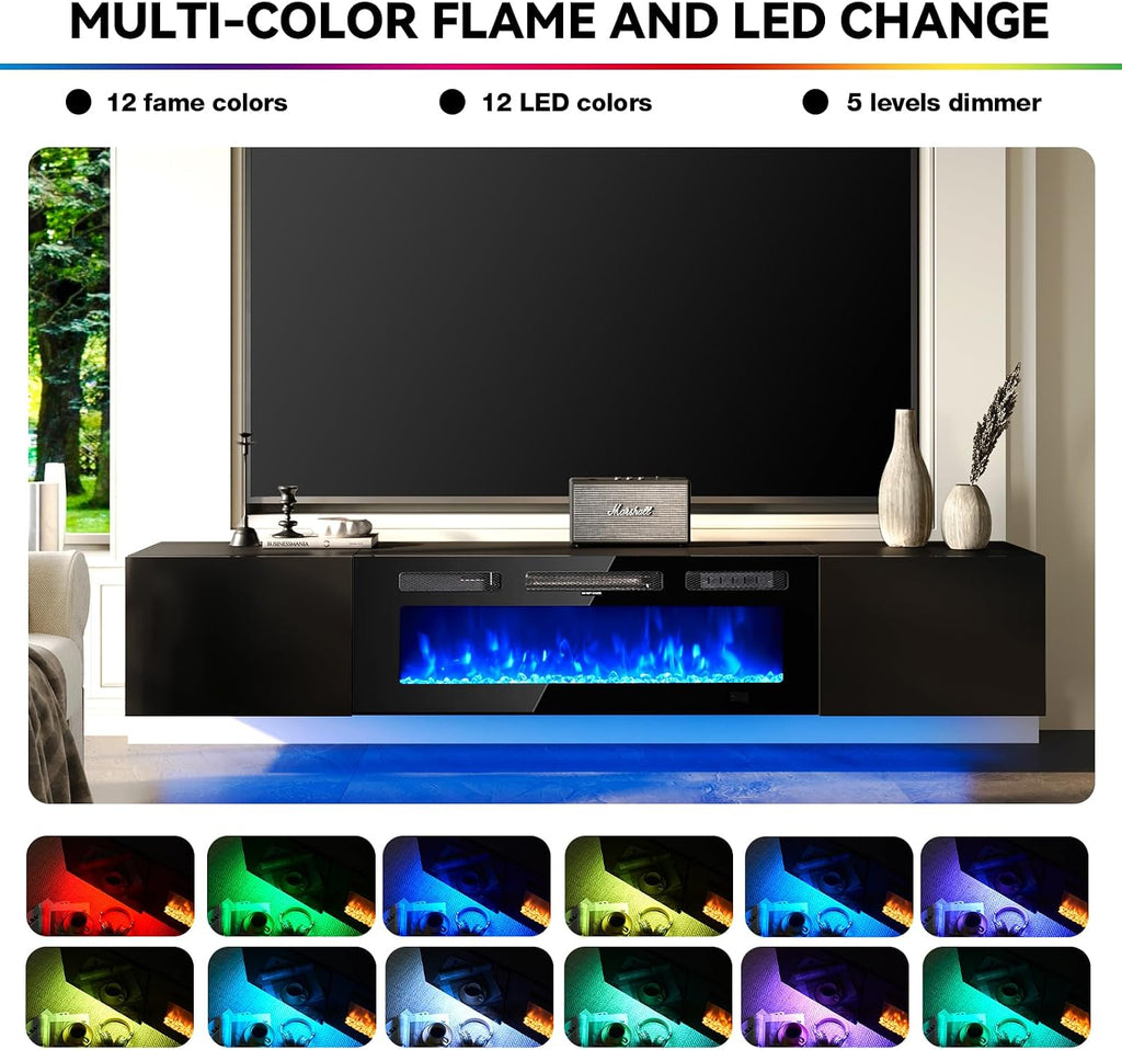 70'' Floating TV Stand with 36' Electric Fireplace, Wall Mounted Entertainment Center with Storage for TVs up to 80', Adjustable 12-Color LED Media TV Console for Living Room,All Black