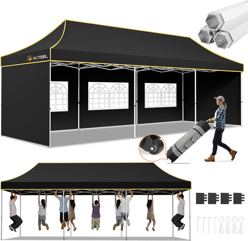 Hoteel 10x30 Pop Up Canopy Tent Heavy Duty with 5 Sidewalls, Waterproof Party Tent, Easy Set-up Commercial Instant Tents with Roller Bag & Sandbags, Hexagonal Leg (1-Year Warranty)