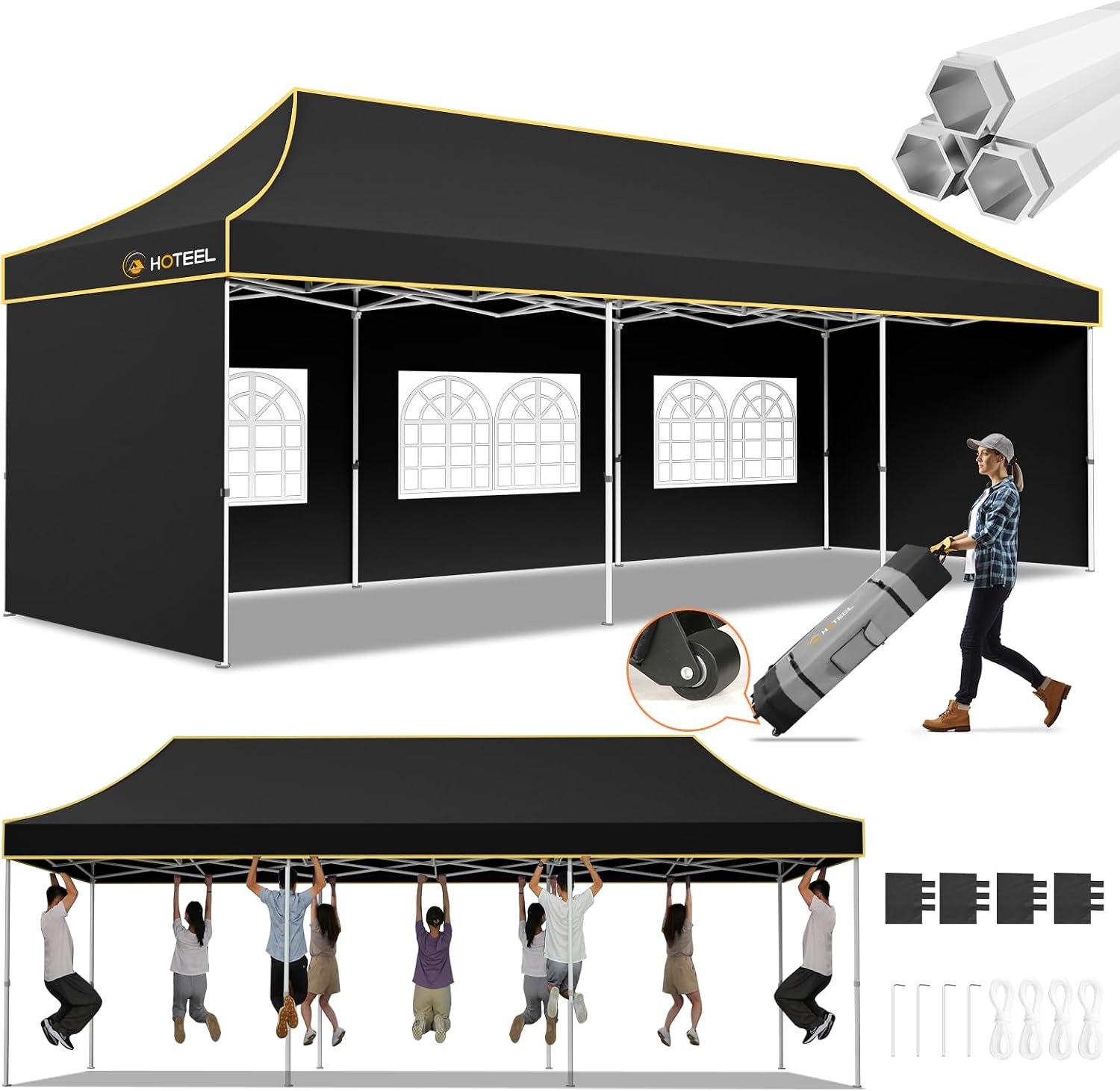 Hoteel 10x30 Pop Up Canopy Tent Heavy Duty with 5 Sidewalls, Waterproof Party Tent, Easy Set-up Commercial Instant Tents with Roller Bag & Sandbags, Hexagonal Leg (1-Year Warranty)