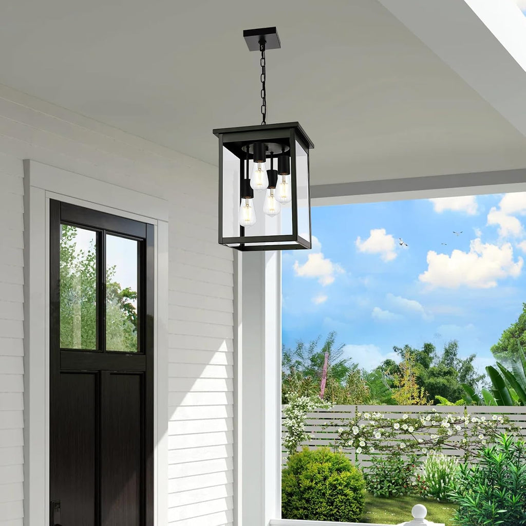 16.7'' Outdoor Pendant Lights for Porch, 4-Lights Black Exterior Pendant Light with Clear Glass, Outdoor Porch Light Ceiling Mount Outdoor Hanging Light Fixture for Gazebo, Patio, Entryway