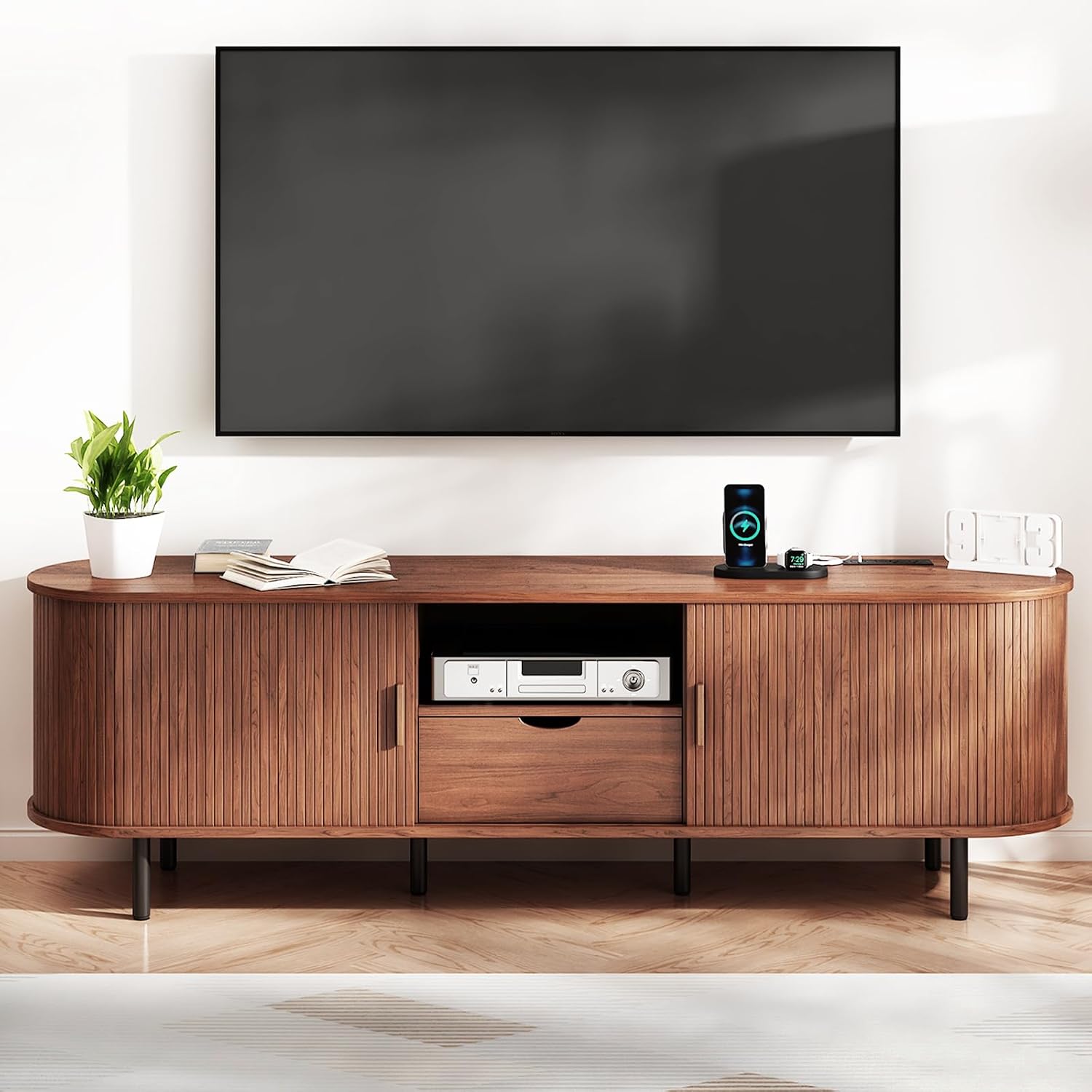 69' Mid-Century TV Stand with Power Outlet, Fluted Entertainment Center with Storage Drawer, TV Console with Sliding Door and Adjustable Shelves, TV Stand up to 80' for Living Room, Bedroom, Walnut