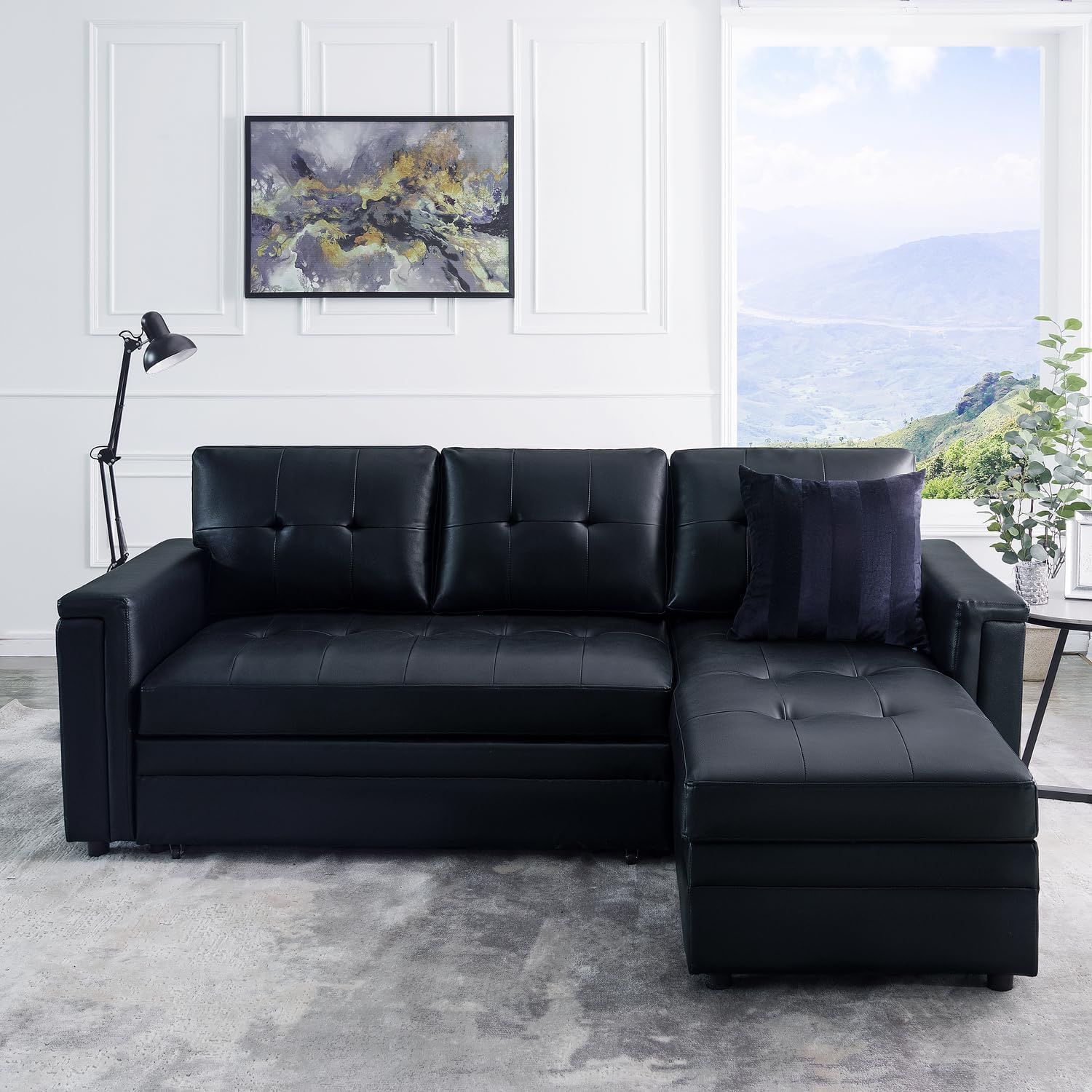 Naomi Home L-Shaped Sectional Sleeper Sofa with USB Ports - Convertible Pull-Out Bed, Ample Storage, Timeless Design, Durable Construction Black/Air Leather