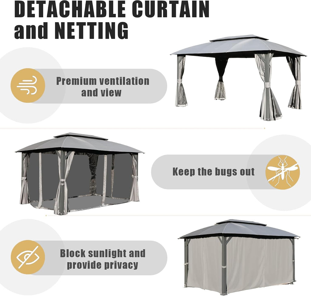 Domi 10'x14' Gazebo with Double Roof Soft Top, Patio Gazebo Canopy Tent, Upgraded 4'' Metal Frame for Deck Backyard Garden Lawns Gray