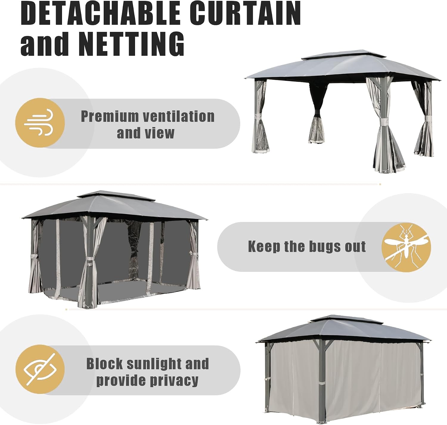 Domi 10'x14' Gazebo with Double Roof Soft Top, Patio Gazebo Canopy Tent, Upgraded 4'' Metal Frame for Deck Backyard Garden Lawns Gray