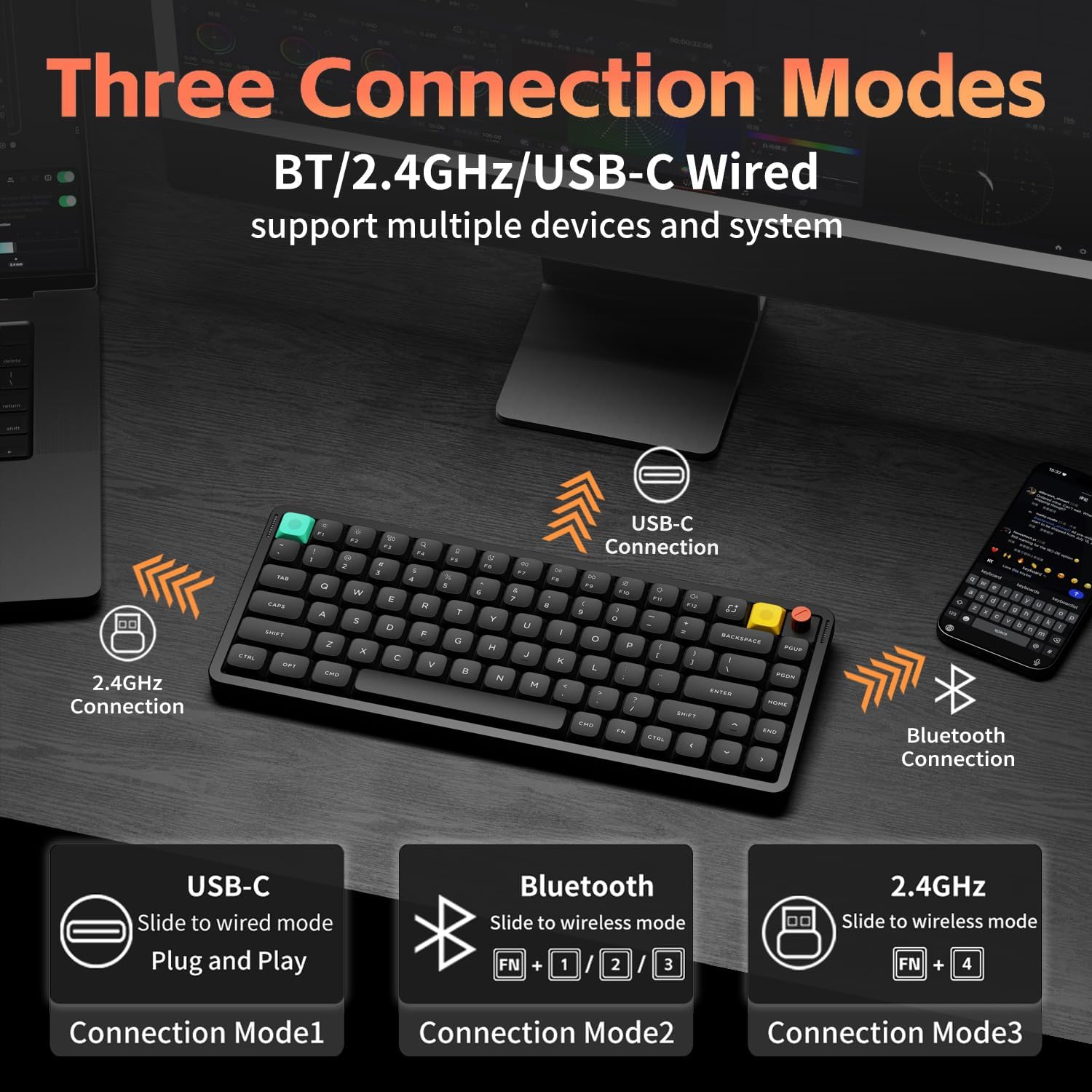 nuphy Air75 V3 Hot Swappable Wireless Mechanical Keyboard, 84 Keys 75% Custom Low Profile Keyboard with Knob, RGB Backlit, Gasket Mounted, Support Bluetooth/2.4GHz/USB-C,Black-Brown Nano