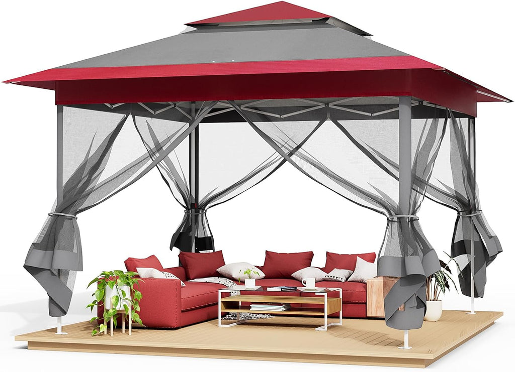 TLSUNNY 13' X 13' Pop Up Gazebo, Outdoor Canopy Tent W/4 Mesh Walls & Wheeled Bag, Screened Shelter with Netting, One-Person Set Up, Height Adjustable, for Patio, Yard, Party, Garden (Burgundy)