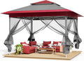 TLSUNNY 13' X 13' Pop Up Gazebo, Outdoor Canopy Tent W/4 Mesh Walls & Wheeled Bag, Screened Shelter with Netting, One-Person Set Up, Height Adjustable, for Patio, Yard, Party, Garden (Burgundy)