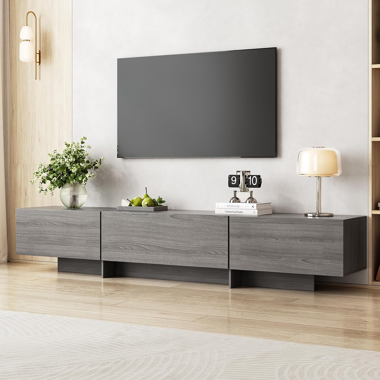 Coffee Table and TV Stand Set of 2,76.4'' Modern TV Console,Entertainment Center with 3 Drawers,Modern Oval Coffee Table with Storage, Wood Center Tables for Living Room, Bedroom, Home Office, Grey