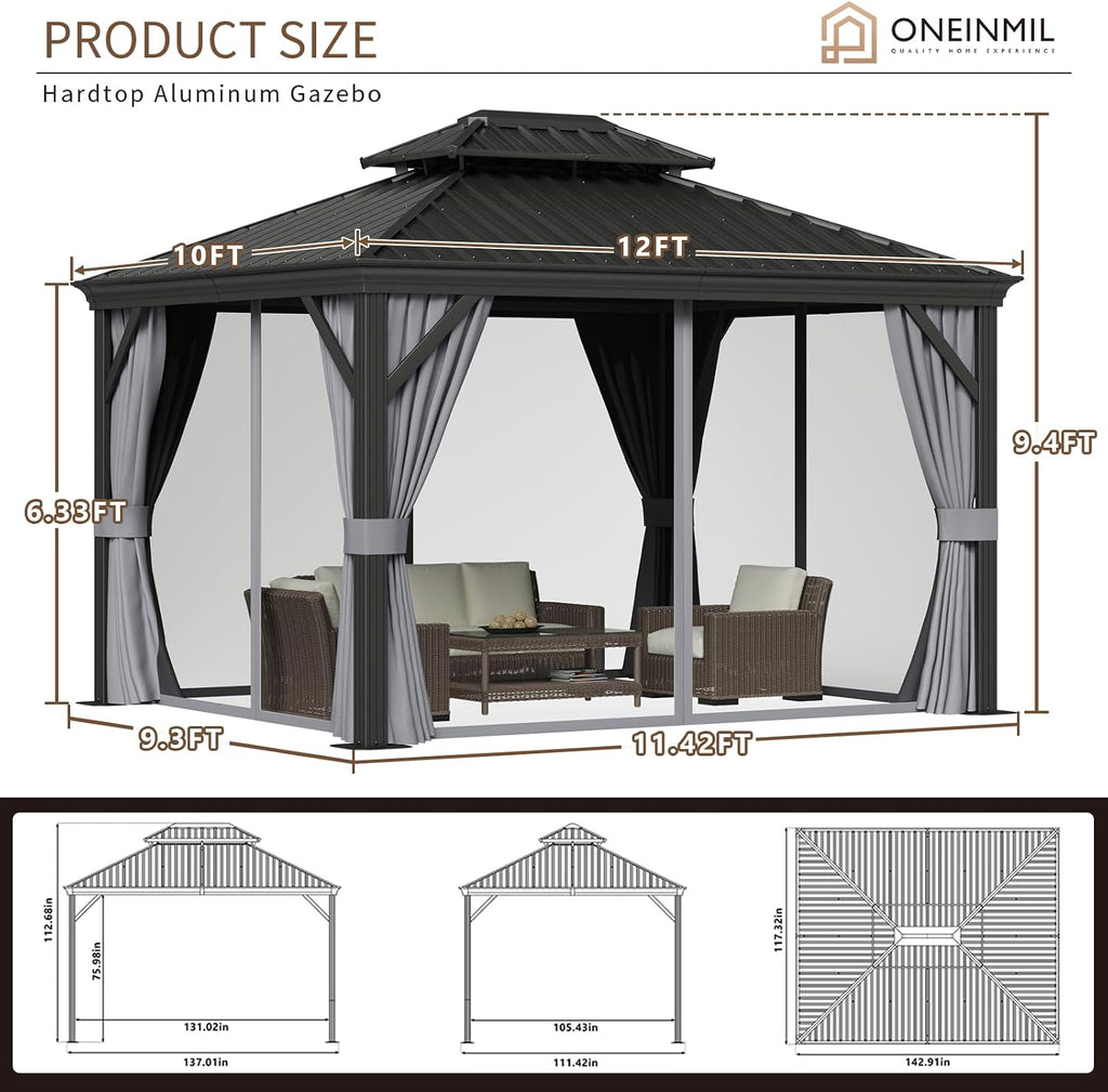 oneinmil 10' x 12' Hardtop Gazebo, Galvanized Steel Double Roof, Aluminum Frame Outdoor Metal Gazebo with Privacy Curtains and Mosquito Netting, for Gardens, Patios, and Lawns