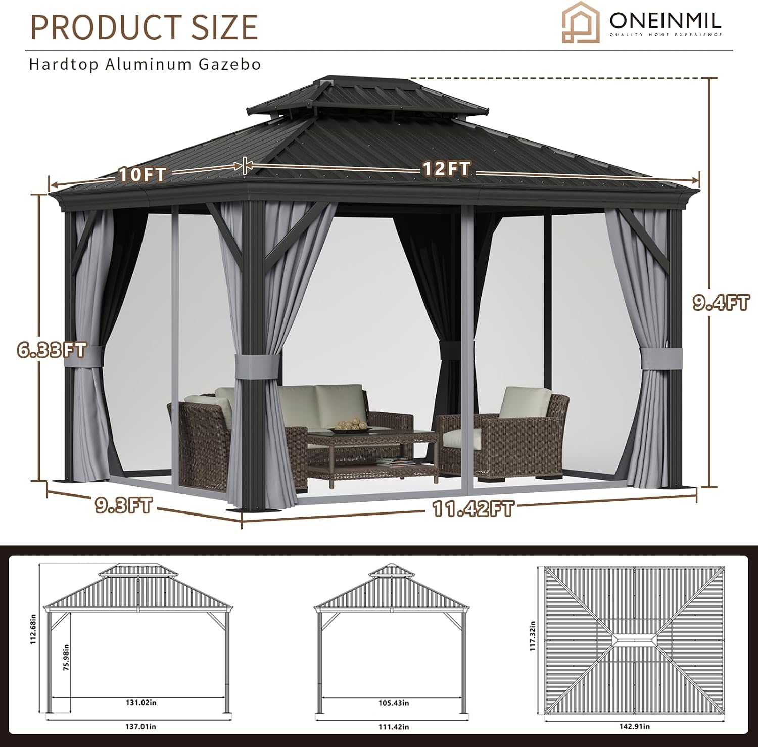 oneinmil 10' x 12' Hardtop Gazebo, Galvanized Steel Double Roof, Aluminum Frame Outdoor Metal Gazebo with Privacy Curtains and Mosquito Netting, for Gardens, Patios, and Lawns
