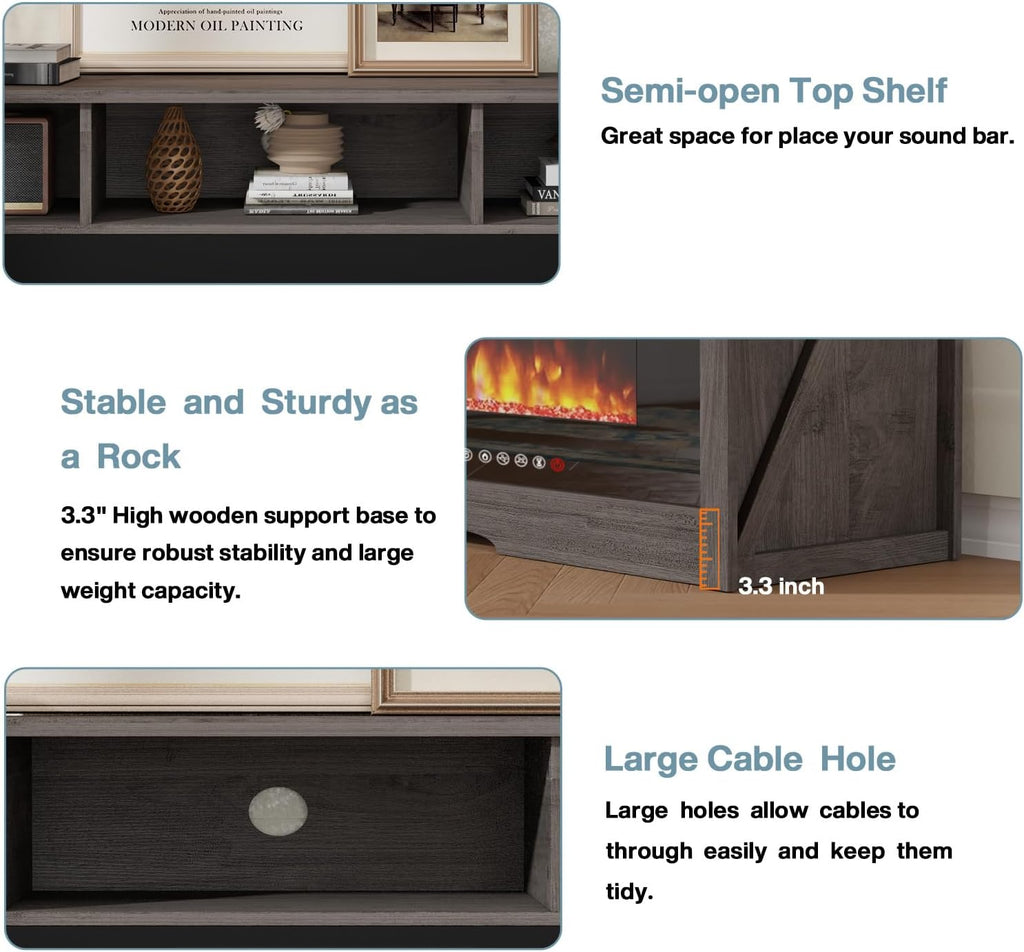 PRETZI 65' Fireplace TV Stand with 60' Glass Electric Fireplace for TVs Up to 75 inch, Modern Fireplace Entertainment Center with Open Storage Shelf, Media Console TV Cabinet for Living Room, Grey