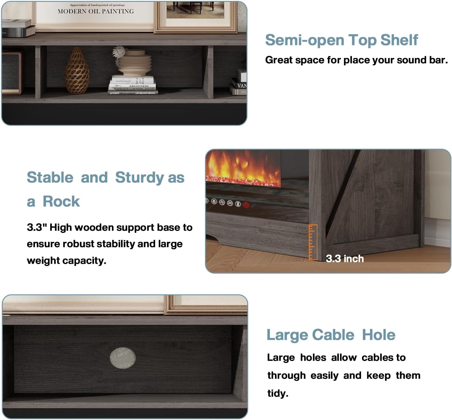 PRETZI 65' Fireplace TV Stand with 60' Glass Electric Fireplace for TVs Up to 75 inch, Modern Fireplace Entertainment Center with Open Storage Shelf, Media Console TV Cabinet for Living Room, Grey