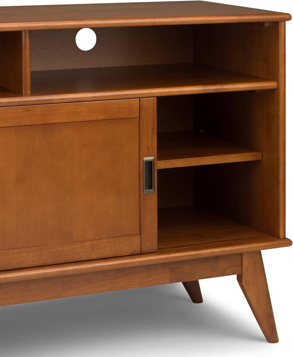 SIMPLIHOME Draper TV Stand - 54 inch Wide Solid Wood Tall Media Console in Teak Brown, Mid Century Modern Entertainment Center for Living Room for TVs up to 60 Inches with Shelves and Cable Management