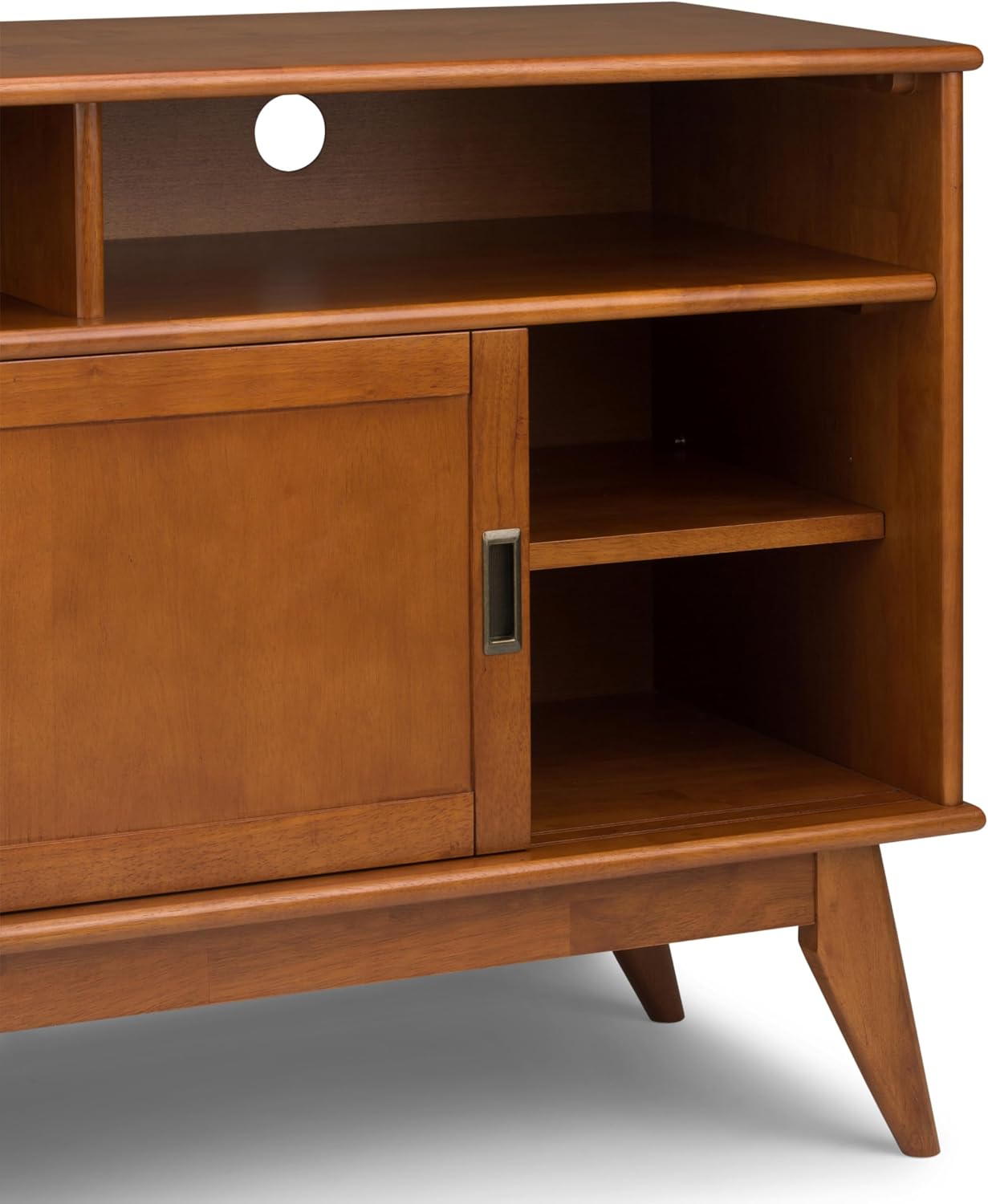 SIMPLIHOME Draper TV Stand - 54 inch Wide Solid Wood Tall Media Console in Teak Brown, Mid Century Modern Entertainment Center for Living Room for TVs up to 60 Inches with Shelves and Cable Management