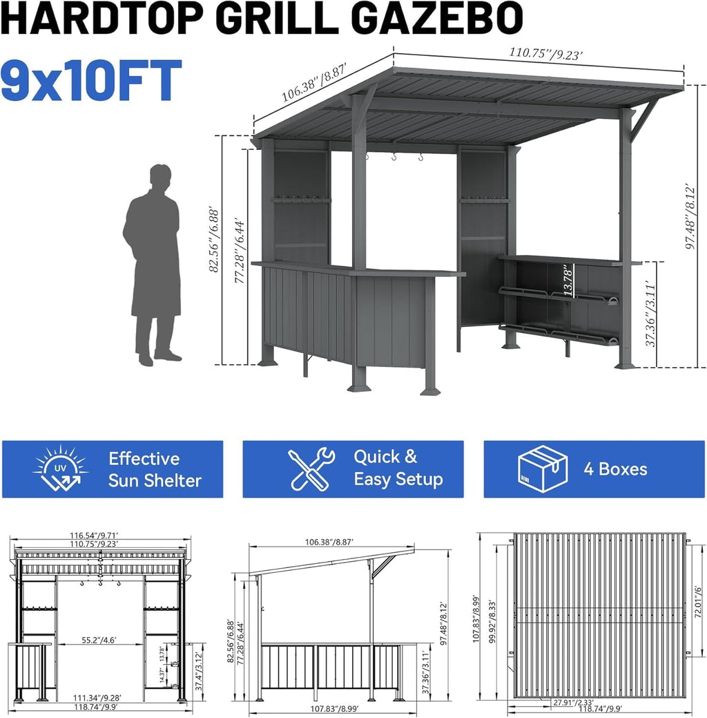 GOWE 9X10FT Hardtop Grill Gazebo, Lean to Outdoor BBQ Gazebo with Storage Shelves and Expansion Platform, Galvanized Steel Permanent Hard top Grill Canopy for Patio Backyard Lawn Garden -Grey