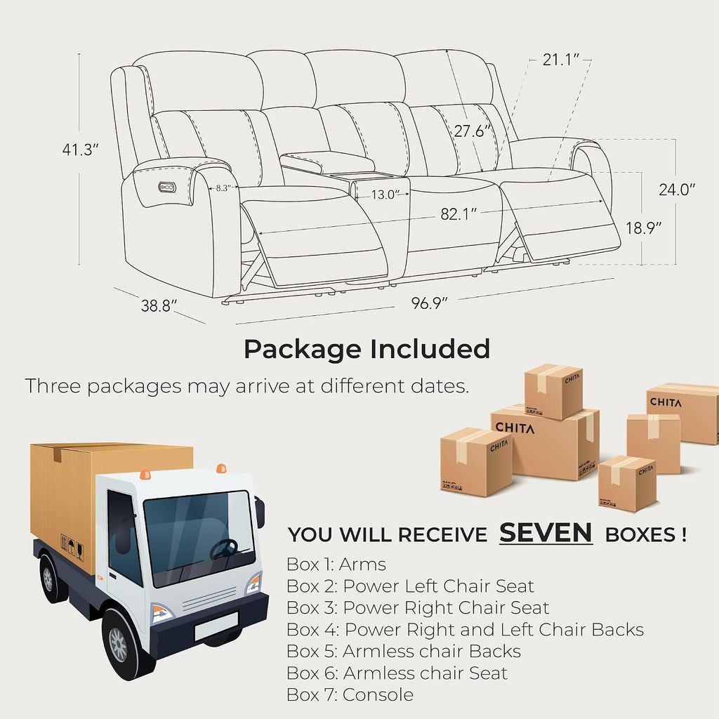 CHITA Genuine Leather Power Recliner Sofa, Wall Hugger Reclining Sofa with Console, Power Headrest, Dual Motor, USB Charging Ports, Recliner Couch for Living Room, RV, Leather in Cream
